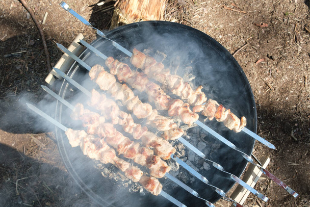 charcoal smoke preparing kebab  barbecue summer day weekend - Foto, afbeelding