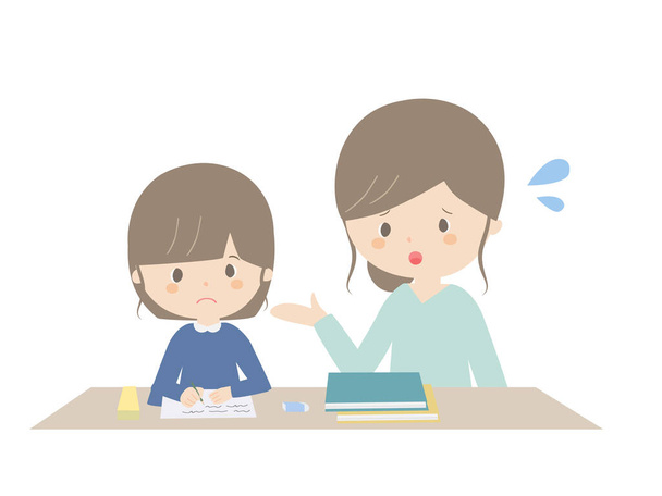 Es una ilustración de una niña y una madre que están aprendiendo tareas mientras están en problemas.
. - Vector, Imagen