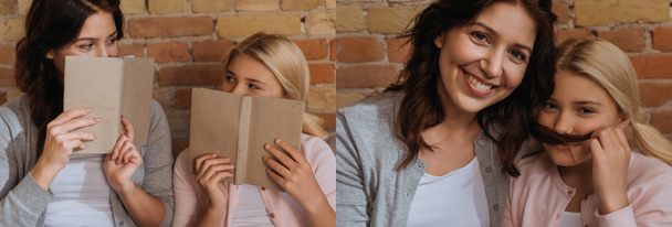 Collage de madre e hija sosteniendo libros y sonriendo a la cámara en casa
  - Foto, imagen