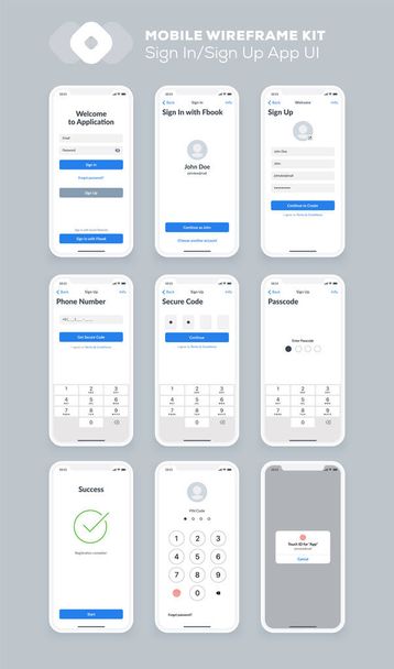 Wireframe UI kit for smartphone. Mobile App UX design. New OS sign in and sign up, enter, form, input fields, social, numeric keypad, numbers, security screens. - Vector, Image