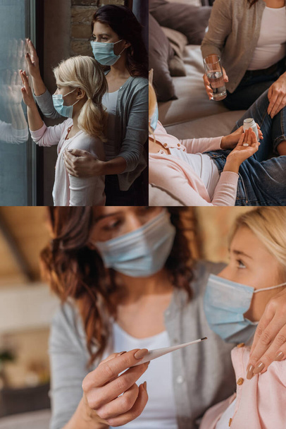 Collage of mother and daughter in medical masks standing near window, holding thermometer and pills at home  - Foto, Bild