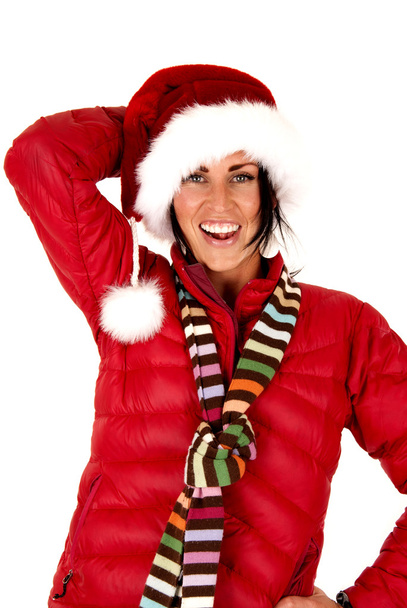 woman model in santa hat and red coat - Фото, изображение