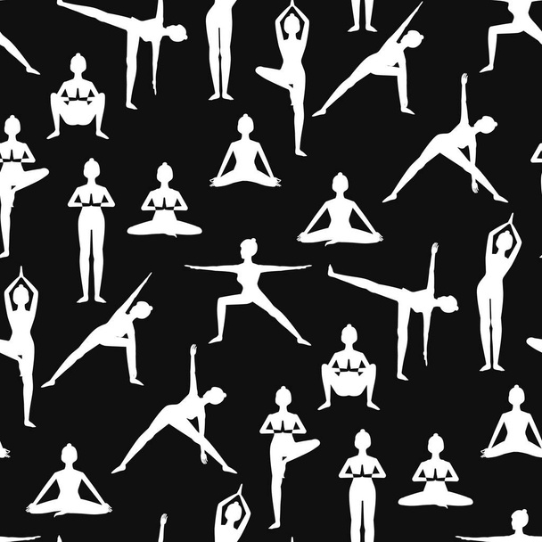 Naadloos patroon met mooie meisjes die yoga doen stelt witte silhouetten voor. Op zwarte achtergrond - Vector, afbeelding