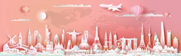 Travel landmarks world with modern and ancient architecture, Tourism with train by panorama and pink background to america, europe, asia, australia, italy, spain, turkey, china, japan, china, turkey.  Illustration for travel poster and postcard. - Valokuva, kuva