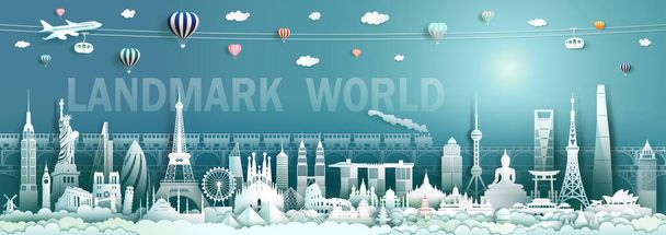 Travel landmarks world with modern and ancient architecture, Tourism with train by panorama and blue background to america, europe, asia, australia, italy, spain, turkey, china, japan, china, turkey. Illustration for travel poster and postcard. - Photo, Image