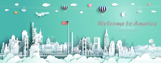 Travel landmarks United States of America famous monument architecture skyline, Tour landmark to golden gate bridge and statue of liberty with panorama, Traveling architecture sculpture world, Illustration for travel poster and postcard. - Photo, Image