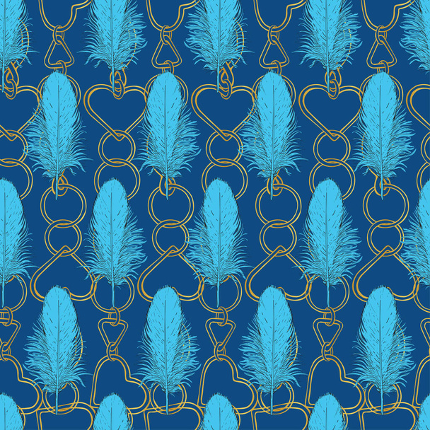 Blue bird feathers on a background of gold chains. Individual parts on a dark blue background. Seamless pattern for different surfaces. - Vector, Image