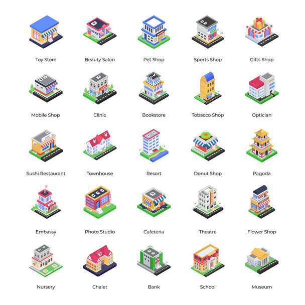 Pack Of Buildings Isometric Icons  - Vector, Image