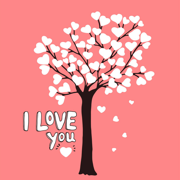 Ручной рисунок дерева, на котором растут сердца. "Lettering I Love You". Красочные векторные иллюстрации к дизайнерской открытке, приглашение на празднование Дня рождения, Женского дня, Дня матери, Дня Святого Валентина
 - Вектор,изображение