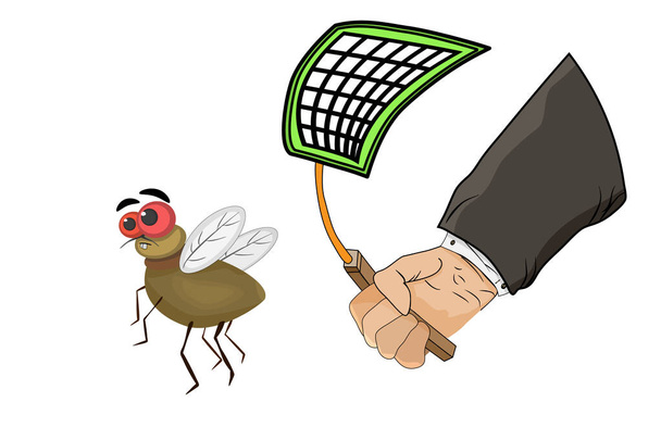 Летать и flyswatter в руке изолированы на белом фоне. Рука убивает муху со шваброй. Человек пытается поймать муху мухобойкой. Ловушка для насекомых. Инструмент для уничтожения насекомых дома. Векторная иллюстрация
 - Вектор,изображение