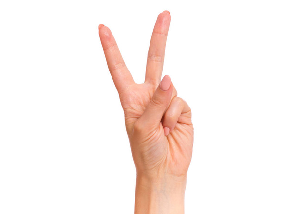 Weibliche Hand mit 2 Fingern oder Victory-Geste, isoliert auf weißem Hintergrund. Schöne Hand der Frau mit Kopierraum. Hand in Hand Geste Nummer Zwei. Fotoserien zählen von 1 bis 5. - Foto, Bild