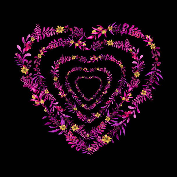 Coração de dia de mães colorido com plantas e flores isoladas em preto
 - Foto, Imagem
