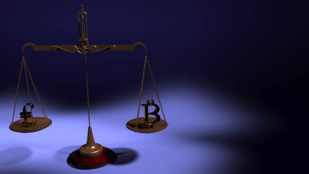 Symbolen van Turkse Lira en Bitcoin op de schalen op de schalen van balansgewichten op een blauwe achtergrond. 3d - destructie - Foto, afbeelding