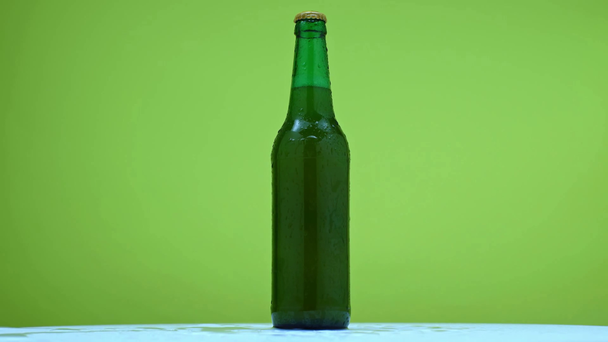 bottle of cold beer rotating on white surface isolated on green  - Πλάνα, βίντεο