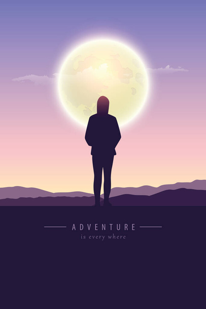 lonely girl silhouette in the mountains by full moon - Vector, Image