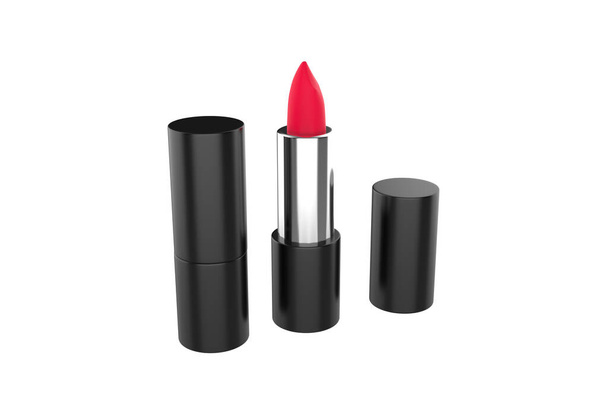 Rouge à lèvres réaliste dans un emballage noir brillant. Isolé sur fond blanc. Illustration 3d. - Photo, image