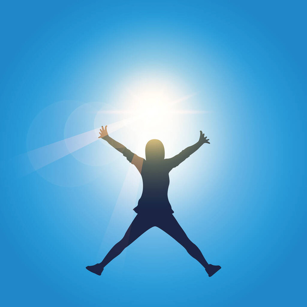 szczęśliwa dziewczyna z podniesionymi ramionami skacze w słońcu słoneczne niebieskie niebo - Wektor, obraz