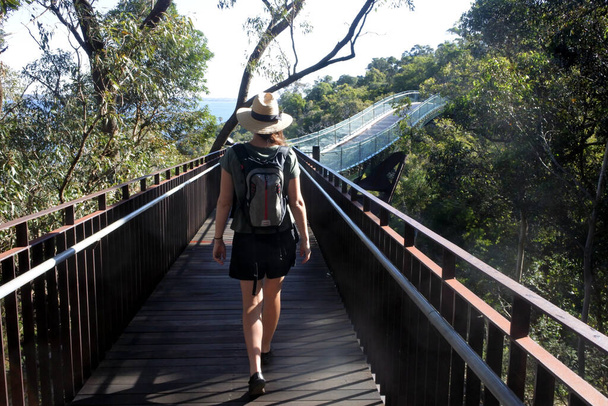 Австралійська жінка йде через Перт - Волквей (англ. Perth Walkway Glass Arched Bridge) в парку Кінгс і ботанічних садах у Перті (Західна Австралія).. - Фото, зображення