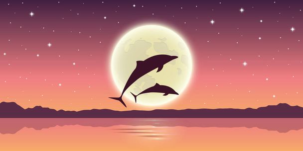 two dolphins jump out of the water in the moonlight - Vector, Image