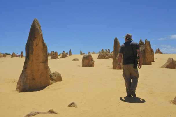 Australian man hiking at wild landscape view of the pinnacles desert near Perth in Western Australia. The desert contain thousands of limestone formations called pinnacles - Photo, Image