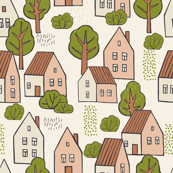 Mignonnes maisons et arbres dessinés à la main. Modèle sans couture vectoriel. - Vecteur, image