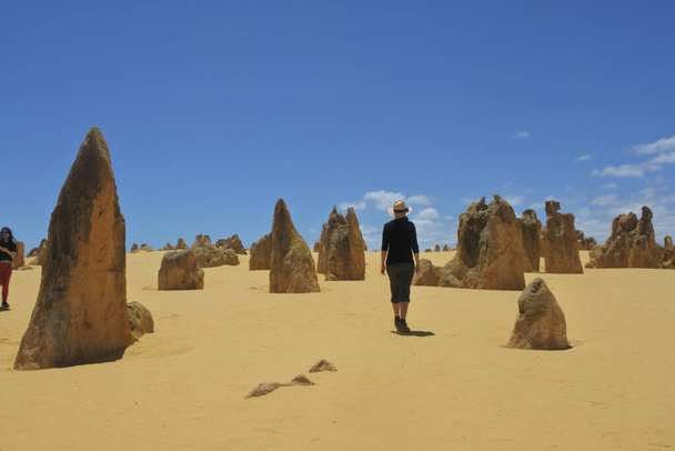 Australijska kobieta wędrująca po dzikim krajobrazie z widokiem na szczyt pustyni niedaleko Perth w Zachodniej Australii. Pustynia zawiera tysiące formacji wapiennych zwanych szczytami - Zdjęcie, obraz