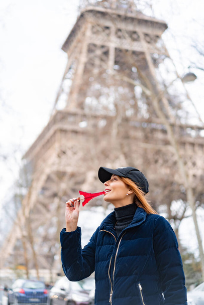 young beautiful stylish woman on a eiffel tower in Paris. eiffel tower candy - Фото, зображення