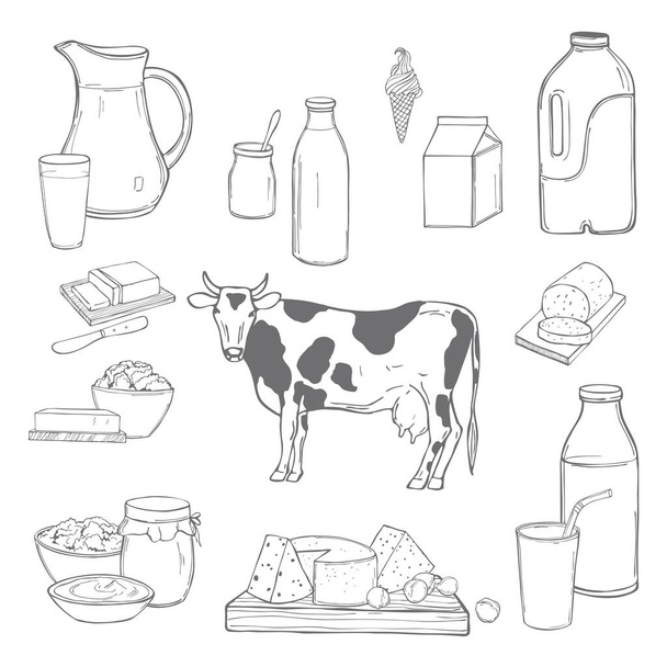  Melk eten. Boter, kaas, zure room, yoghurt en room op een witte achtergrond. Vector schets illustratie. - Vector, afbeelding
