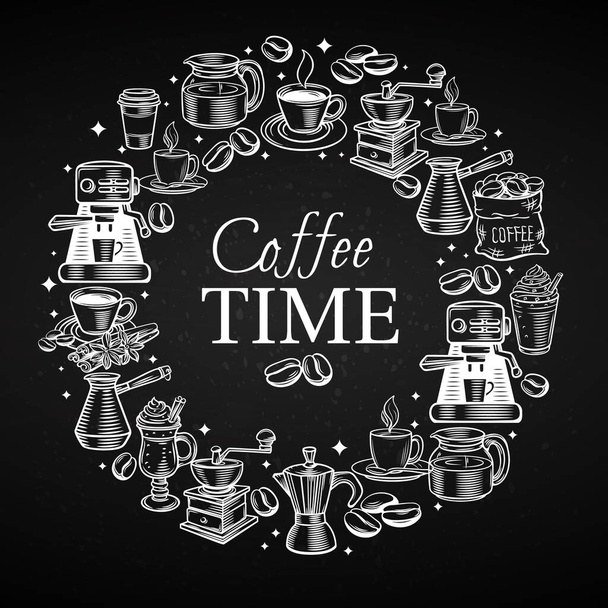 Coffee time. Hand drawn coffee icon set Vector illustration isolated. Chalk board style. - Wektor, obraz