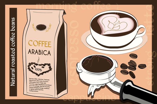 Design-Verpackung Kaffee, Körner, Kaffeemaschine, Espressotasse. Stilvolle Illustration für Dekoration, Design, Druck. - Vektor, Bild