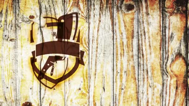 Αδρανειακή αναπήδηση και Spin Animation of the Killing Market Support Mark Board with Meat Knives Crossed on Western Fancy Framing over Grind Timber Background - Πλάνα, βίντεο