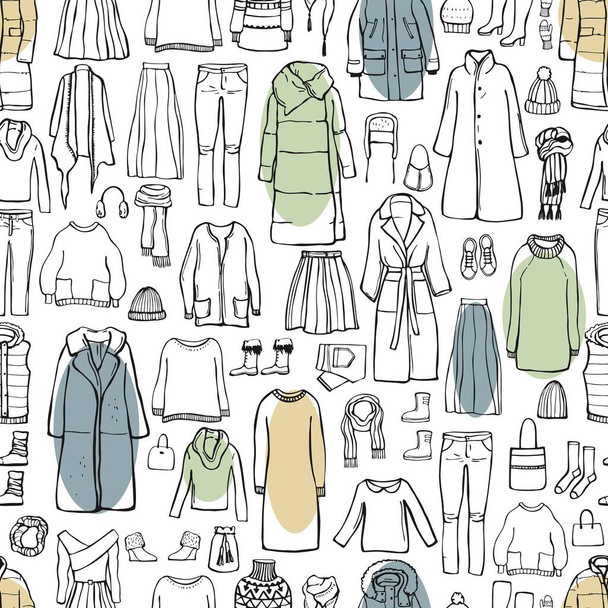 Zimní móda. Ručně kreslené dámské oblečení a boty. Vektorový vzorec. Obrázek náčrtu - Vektor, obrázek