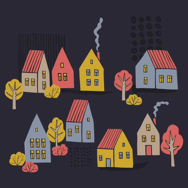 Vektorhintergrund mit handgezeichneten Häusern auf dunklem Hintergrund. Skizzenillustration. - Vektor, Bild