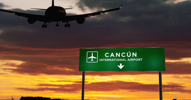 Aviones a reacción aterrizando en Cancún, México Ilustración de representación 3D. Llegada a la ciudad con la terminal del aeropuerto de cristal y reflejo del avión. Viajes, negocios, turismo y transporte
. - Foto, imagen