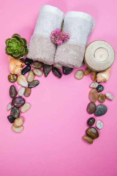Απαραίτητα υλικά spa, αρωματικά sticks πέτρες, πετσέτες και ένα φυτό σε ροζ φόντο - Φωτογραφία, εικόνα