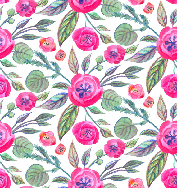 hladký vzor s růžovými květy kreslené akvarelovými tužkami na bílém - Fotografie, Obrázek