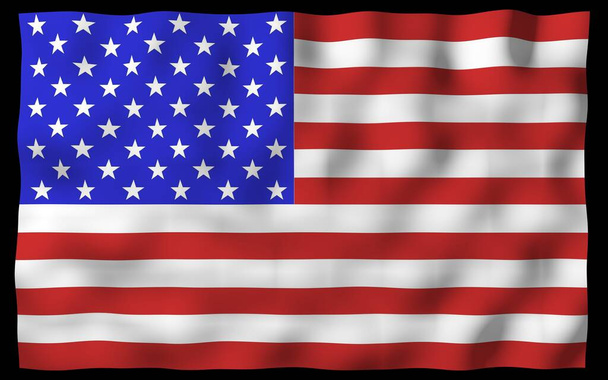 Az Amerikai Egyesült Államok zászlaját lobogtatva, sötét háttérrel. Csillagok és Csíkok. Az USA állami szimbóluma. 3D illusztráció - Fotó, kép