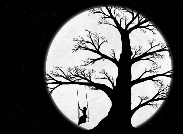 beautiful black silhouette of an old big tree and a woman on a swing against the night sky with stars and a huge moon - Fotografie, Obrázek