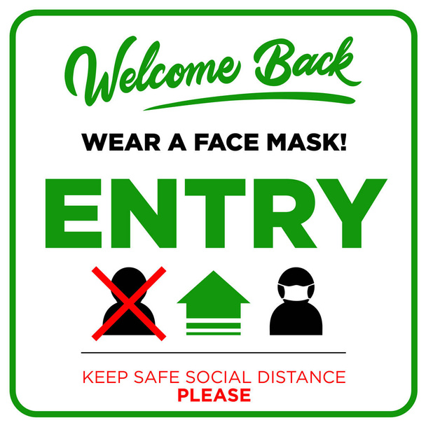 Schild an der Haustür öffnen - willkommen zurück! Wir arbeiten wieder. Halten Sie soziale Distanz und verwenden Sie Gesichtsmasken. Vektor - Vektor, Bild