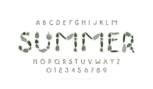 Dekoratív sans serif betűtípus trópusi növény sziluettekkel. Levelek és számok a nyári és utazási főcímek tervezéséhez. Fehér alapon elszigetelve - Vektor, kép