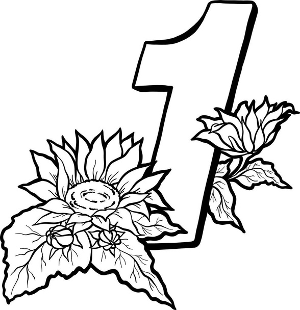 Decorative number 1 for coloring. Coloring book page, element of creativity. Figure with a sunflower. Vector digit isolated on white background. - Vector, Image