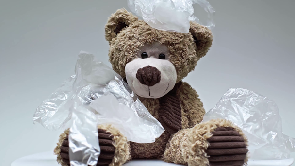vista recortada de bolsas de plástico que caen sobre el oso de peluche en gris
  - Imágenes, Vídeo