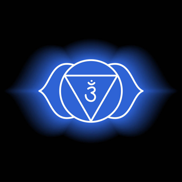 Ajna icon. The sixth frontal chakra. Third eye. Vector indigo blue gloss and shine. Line symbol. Sacral sign. Meditation - Vector, Image