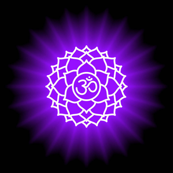 Икона Сахасрара. Седьмая корона, теменная чакра. Векторный фиолетовый блеск. Символ линии Сакральный знак. Медитация
 - Вектор,изображение