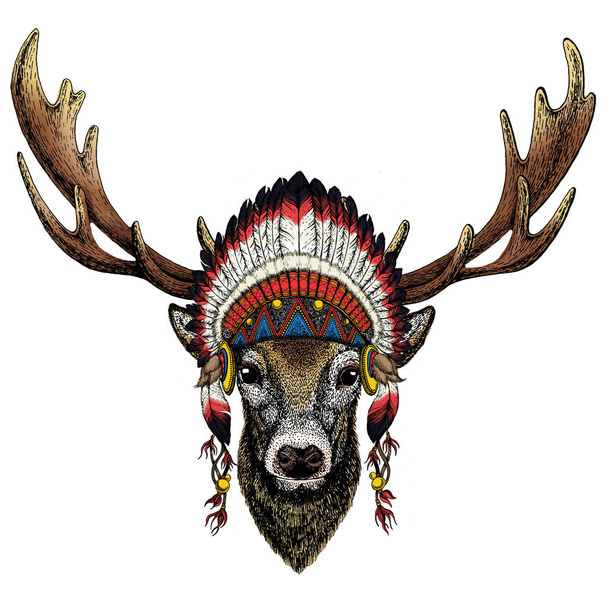 Deer portrait. Head of wild animal. Indian traditional headdress. - Vector, Imagen