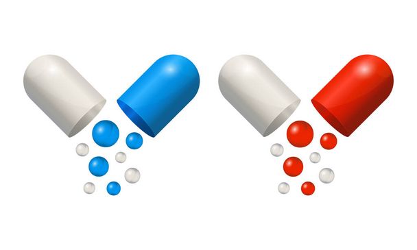 Capsule icons 3d realistic, blue and red pills isolated on white background. Colored small balls falling of open medical capsules. Vector illustration - Διάνυσμα, εικόνα