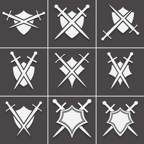 Weiße Schwerter und Schild auf schwarzem Hintergrund - Vektor, Bild
