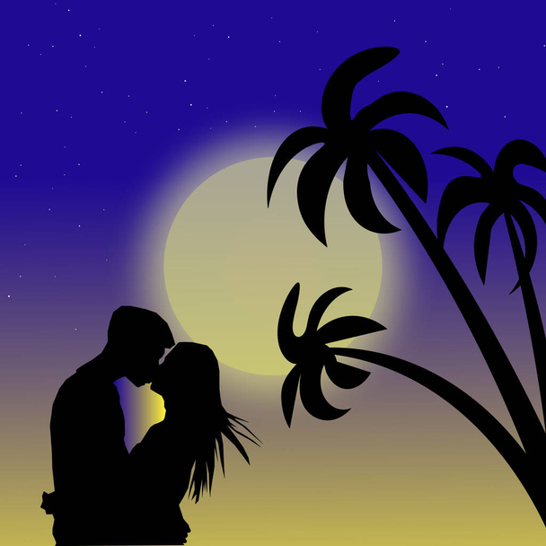 Bir çift ay ışığında öpüşüyor. Havada aşk kokusu var. - Fotoğraf, Görsel