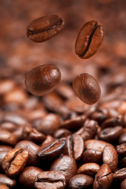 четыре падающих кофейных зерен и жареный кофе
 - Фото, изображение