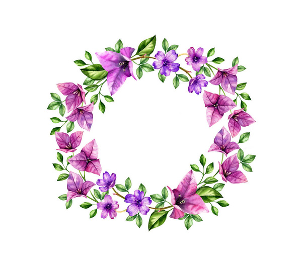 Watercolor wreath with violet bougainvillea flowers. Hand painted tropical background for text, logo, wedding cards. Botanical illustrations isolated on white - Photo, Image